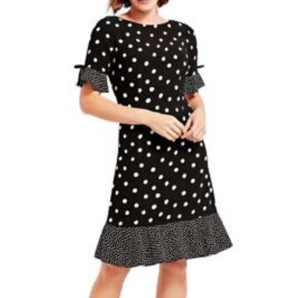 Talbots Crepe Black/White Polka Dot Shift Dress Ruffle Hem Size 8